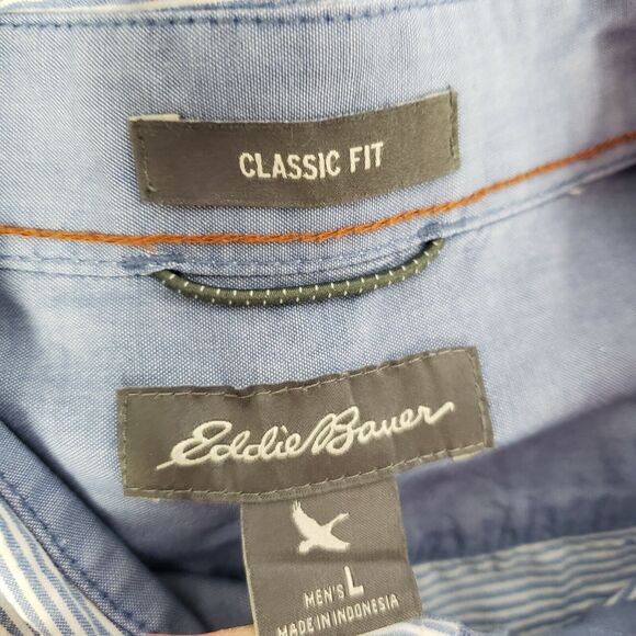 Eddie Bauer Mens Shirt Large Button Classic Fit Striped Blue Pocket Short Sleeve - Picture 7 of 9